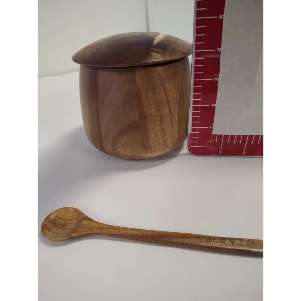 RYZE Mushroom Coffee Wooden Storage Container w/ Stir Stick NEW Acacia Wood